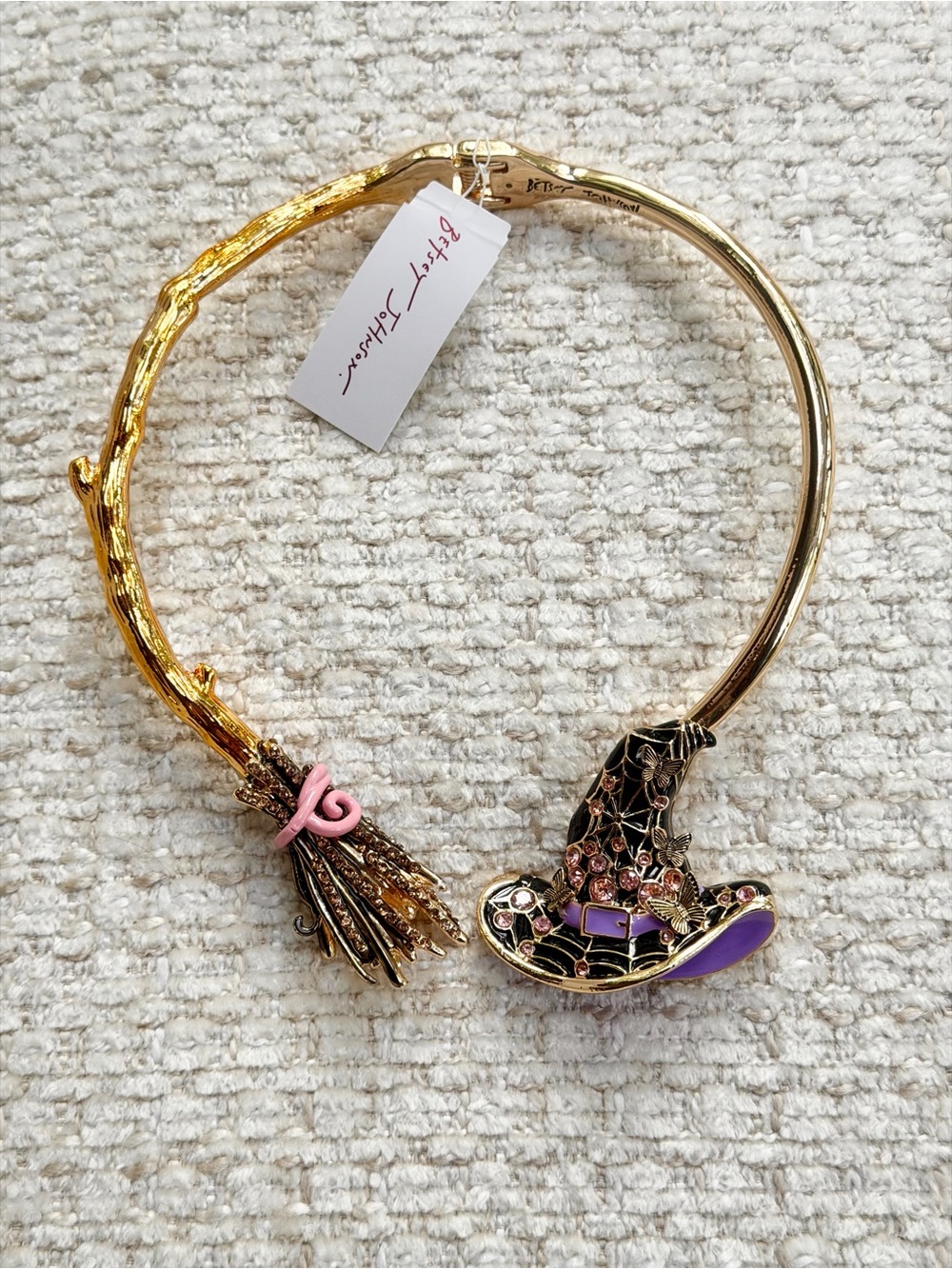 Betsey Johnson Halloween Witch Hat Broom Collar Necklace Gold Purple Enamel NWT